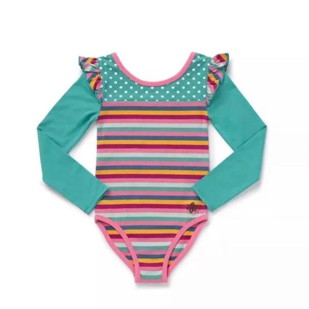 Matilda Jane Girls 8 “Moments With You” Teal Green/Multi-Color Stripes Bodysuit
